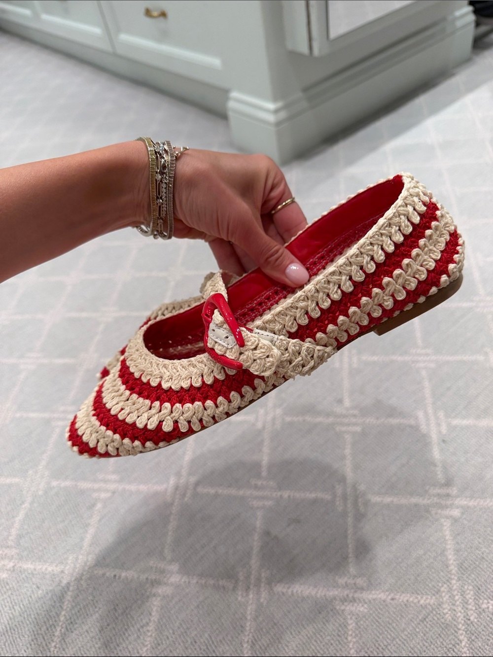 Larroude Red and Cream Crochet Mary Jane Flats - Picture 3 of 5